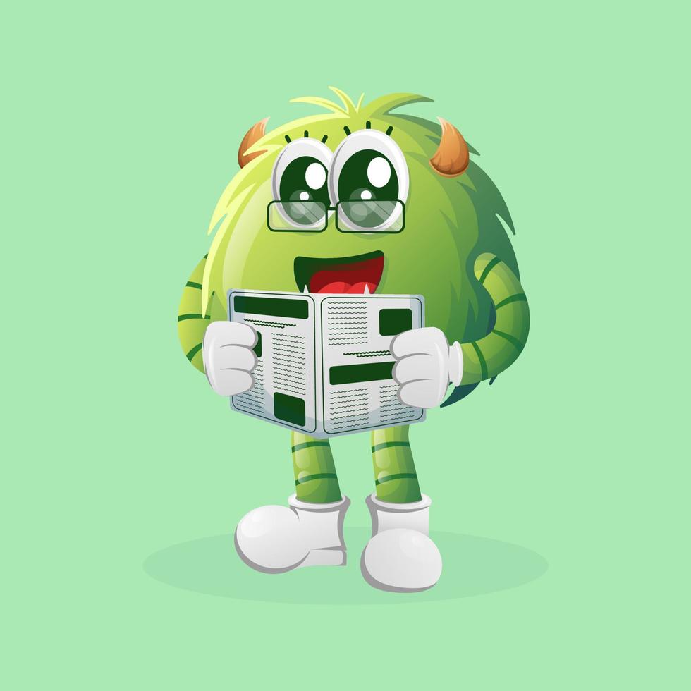 schattig groen monster lezen kranten vector