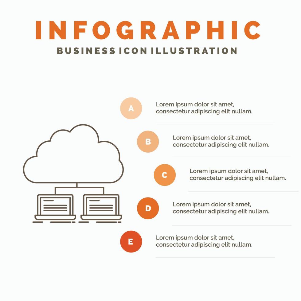 wolk. netwerk. server. internetten. gegevens infographics sjabloon voor website en presentatie. lijn grijs icoon met oranje infographic stijl vector illustratie