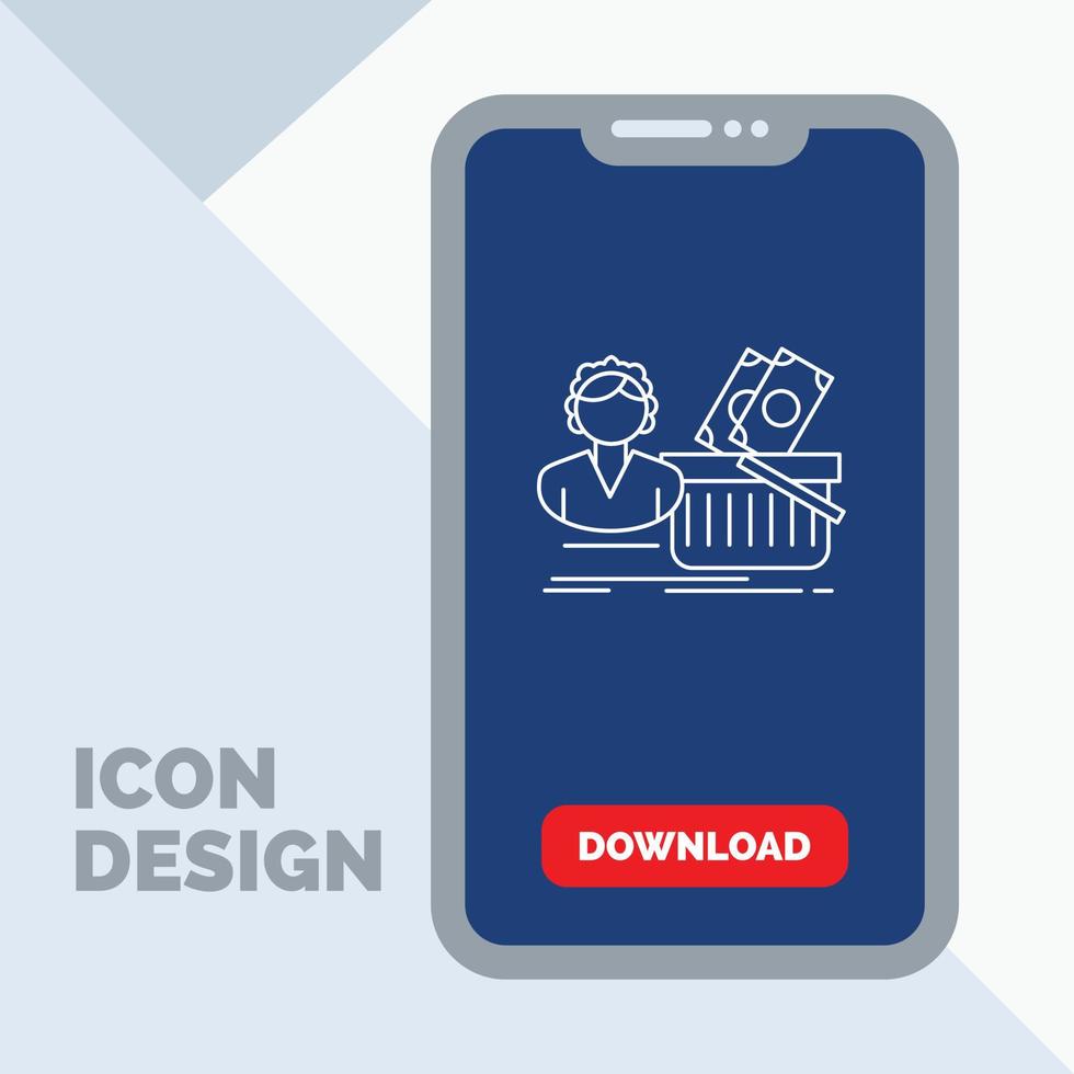 salaris. winkelen. mand. winkelen. vrouw lijn icoon in mobiel voor downloaden bladzijde vector