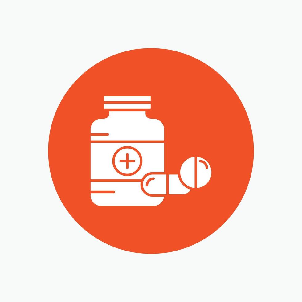 geneesmiddel. pil. capsule. drugs. tablet wit glyph icoon in cirkel. vector knop illustratie