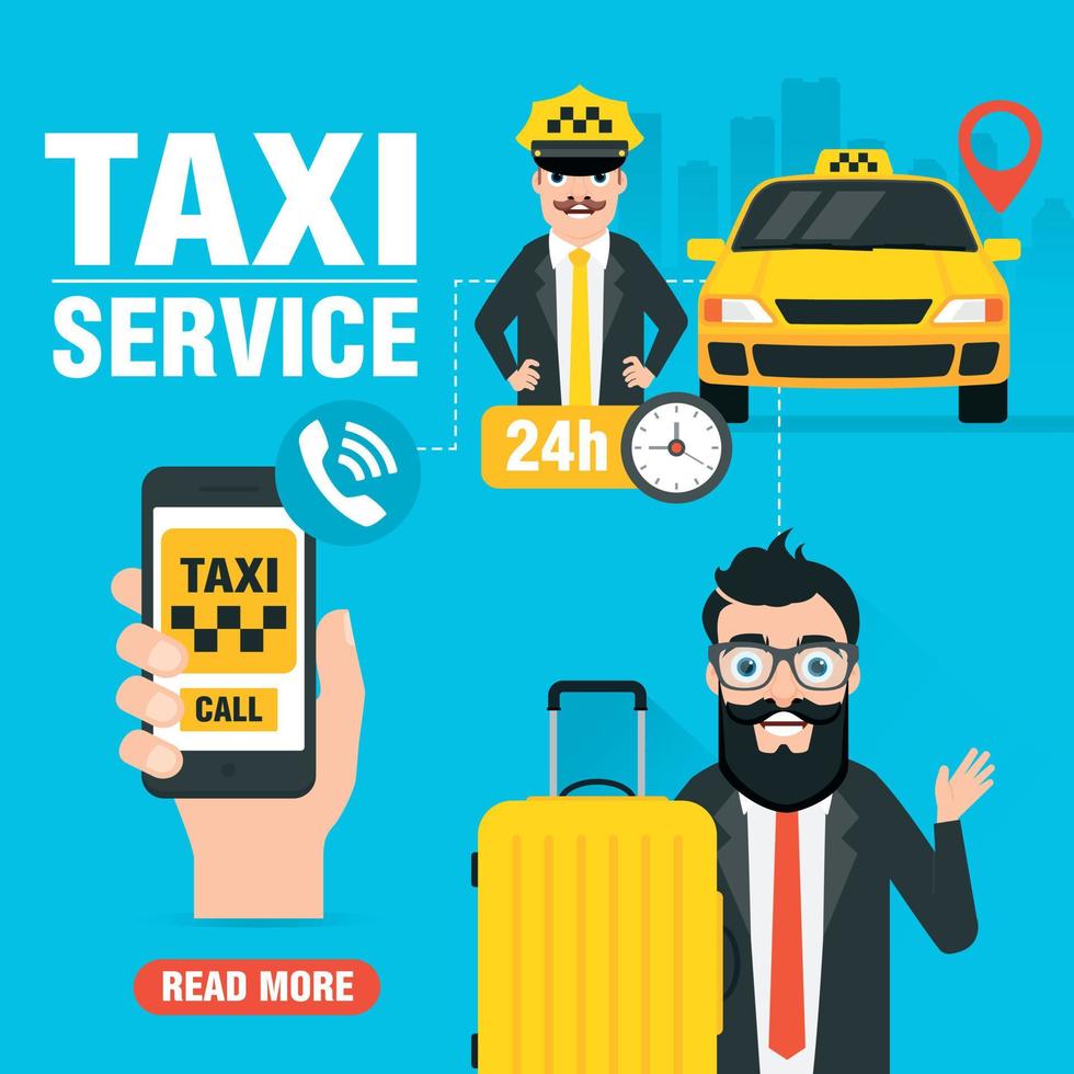taxi onderhoud concept ontwerp plat.geel taxi auto met taxi bestuurder. hand- Holding telefoon met taxi toepassing en Mens met bagage vector