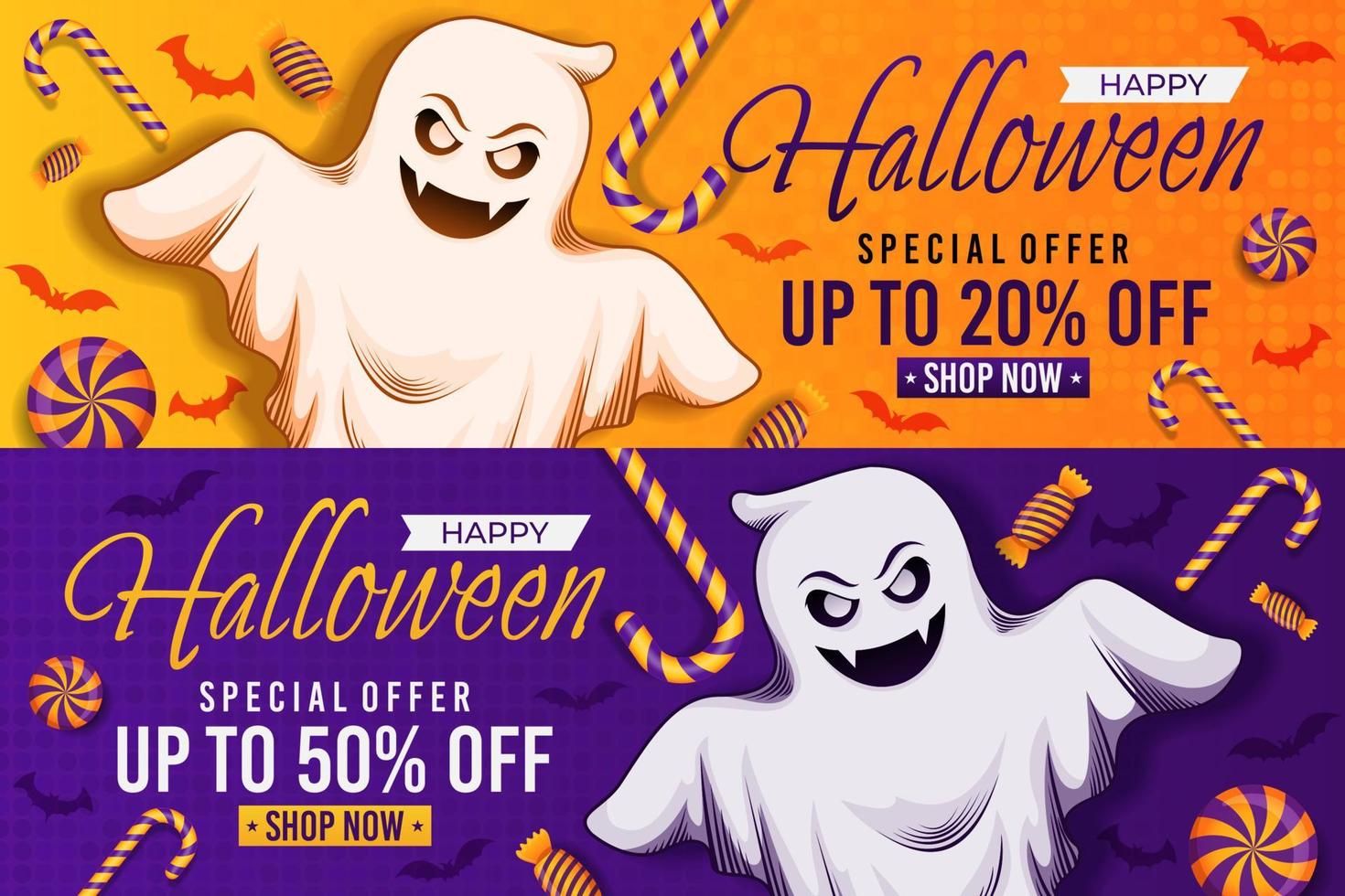 halloween uitverkoop Promotie met geest en snoep vector, gelukkig halloween achtergrond voor bedrijf kleinhandel Promotie, banier, poster, sociaal media, voer, uitnodiging Purper en oranje kleur vector