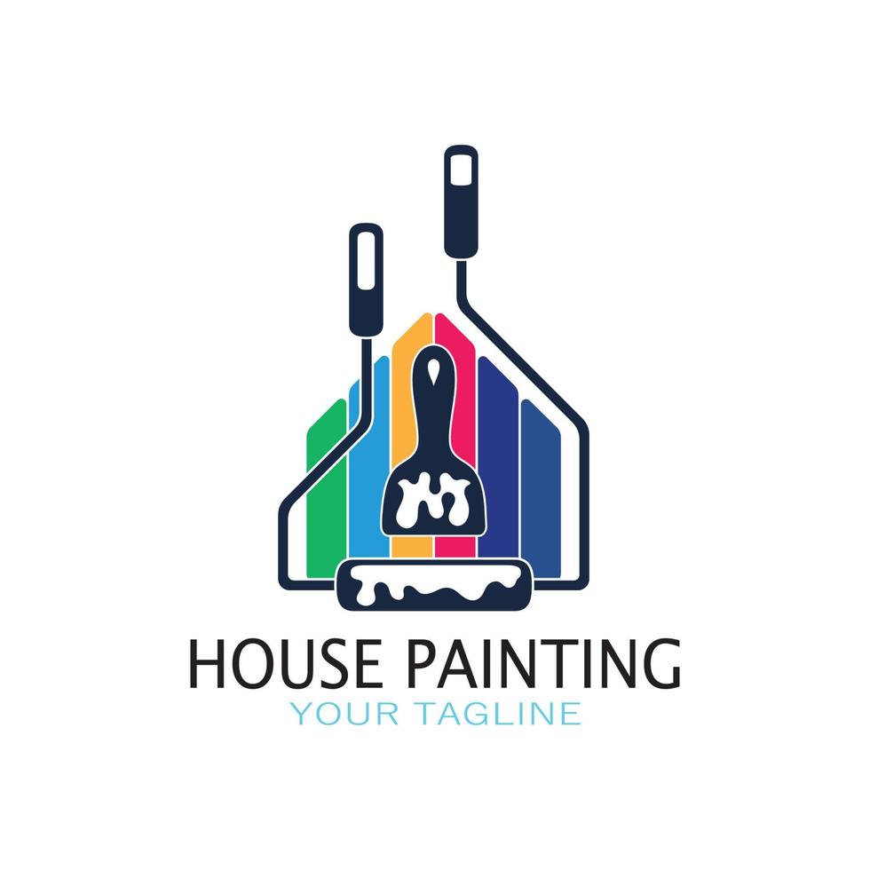 logo icoon illustratie huis verf met een mengsel van borstels en rollen voor huis muur verf ontwerp, minimalistische huis, schilderen, interieur, gebouw, eigendom bedrijf, behang, vector concept