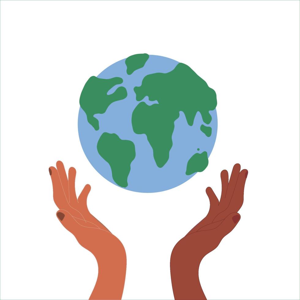 Red de planeet. handen met wereldbol, aarde. aarde dag concept. vectorillustratie van pictogrammen over milieubescherming en natuurbehoud. vector