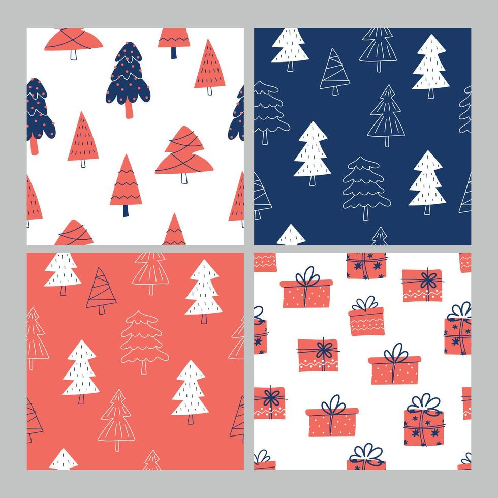 trek naadloos patronen reeks met Kerstmis bomen en geschenk doos Aan wit achtergrond voor Kerstmis en winter en nieuw jaar tekening tekenfilm stijl vector