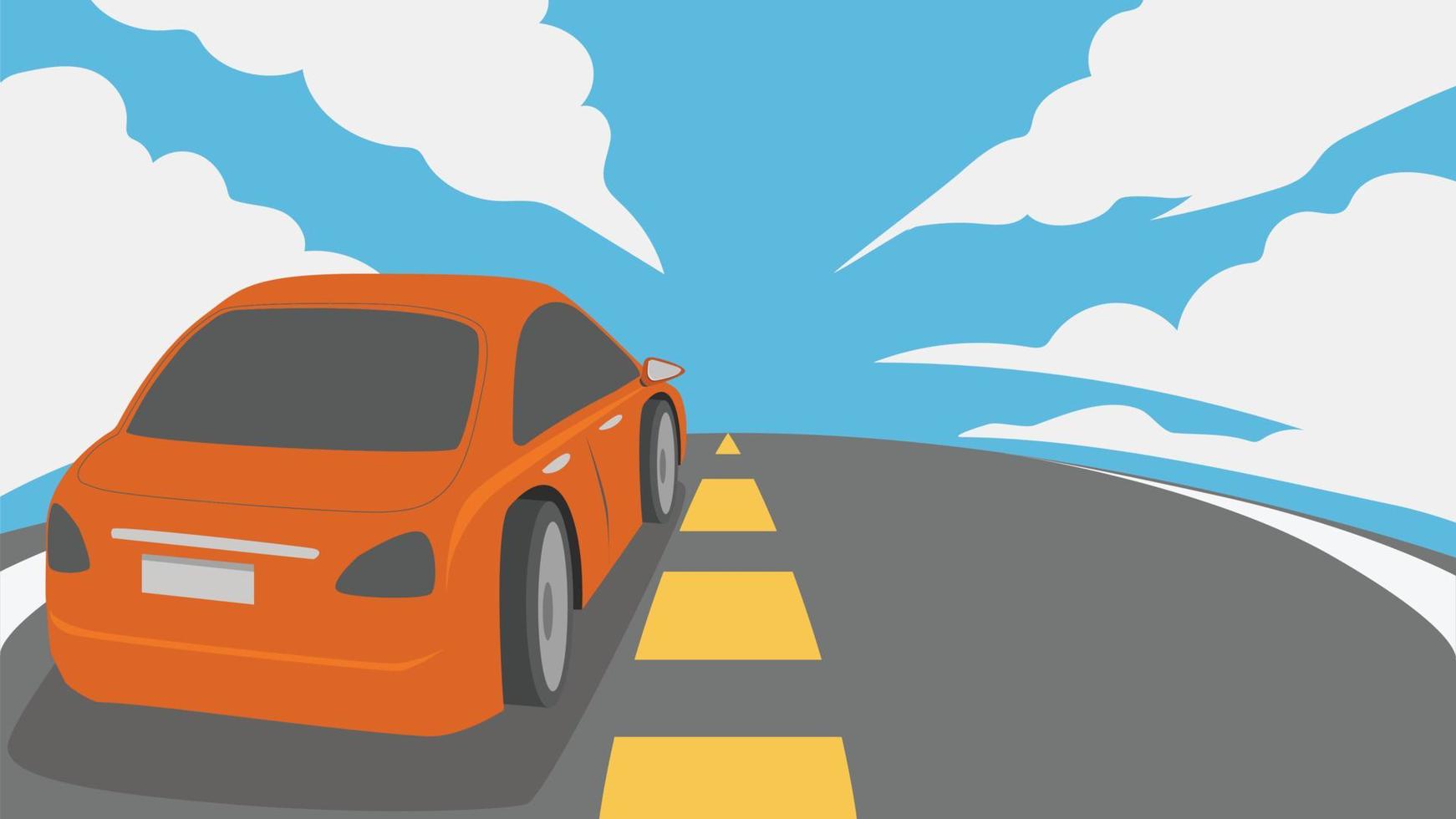vector of illustratie van het rijden van een oranje auto naar de voorkant Aan een asfalt weg. beweging van weg onder blauw lucht en wit wolken.