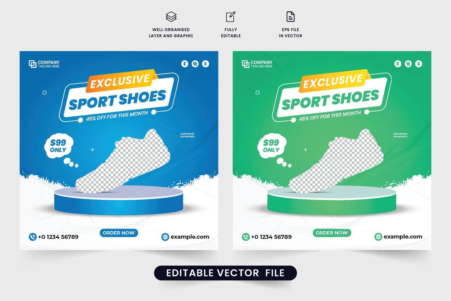 exclusief sport- schoen bedrijf sjabloon ontwerp met blauw en groen achtergronden. modern schoen bedrijf promotionele web banier vector. sport- sportschoenen uitverkoop sociaal media post ontwerp. vector