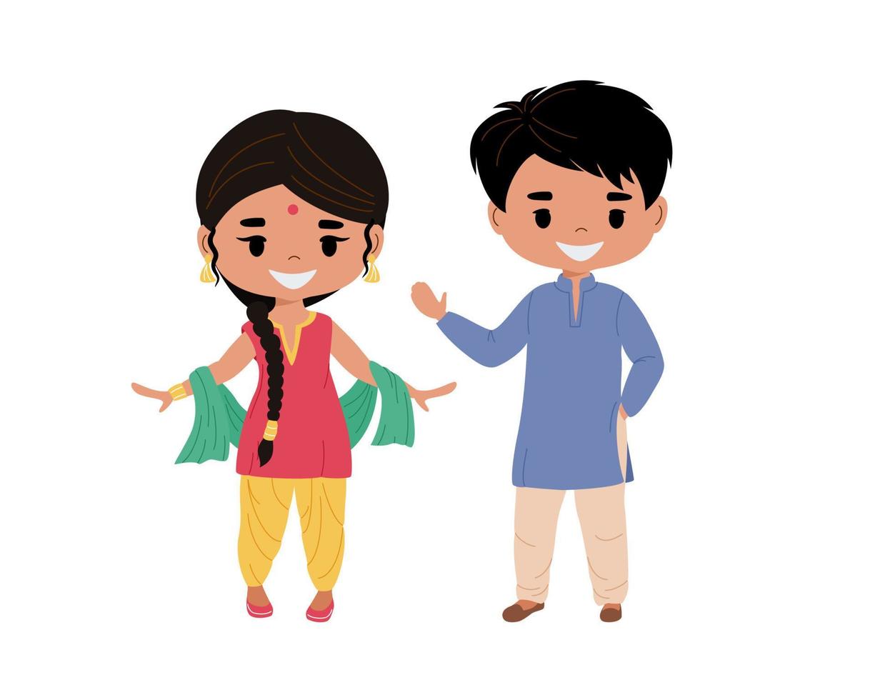 Indisch jongen en meisje in nationaal kostuums. vlak vector illustratie geïsoleerd Aan wit achtergrond.