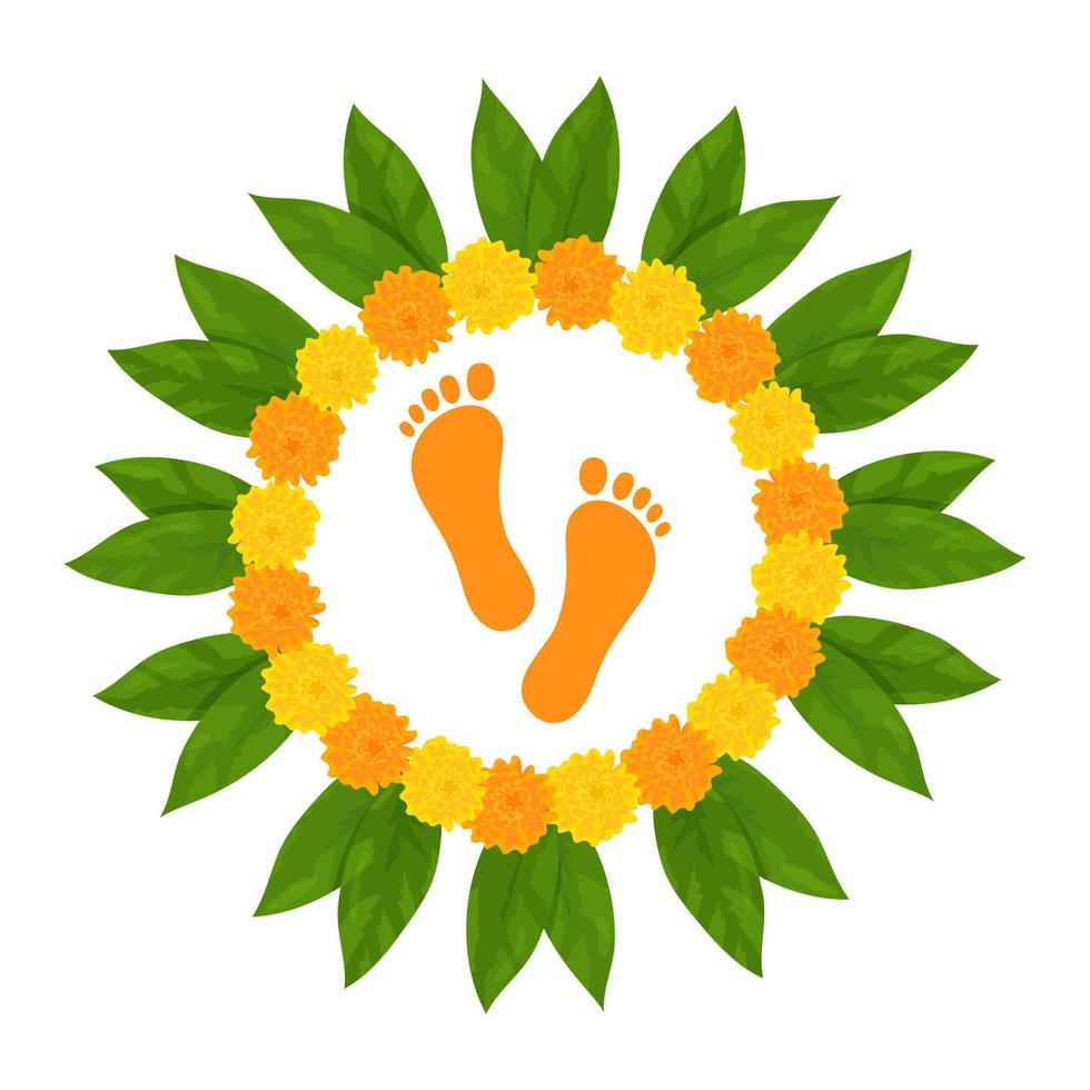 gelukkig dhanteras Indisch festival van lichten diwali concept met godin maa lakshmi. vector illustratie voor poster of banier met Indisch bloem slinger met goudsbloem bloemen en mango bladeren.