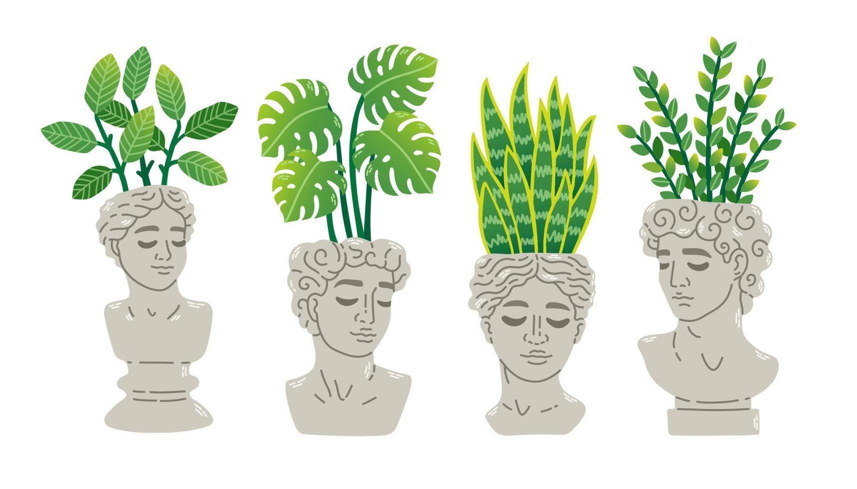modieus verzameling van huis planten in standbeeld hoofden bloempotten pak pictogrammen. reeks van kamerplanten in potten modern illustraties. vector