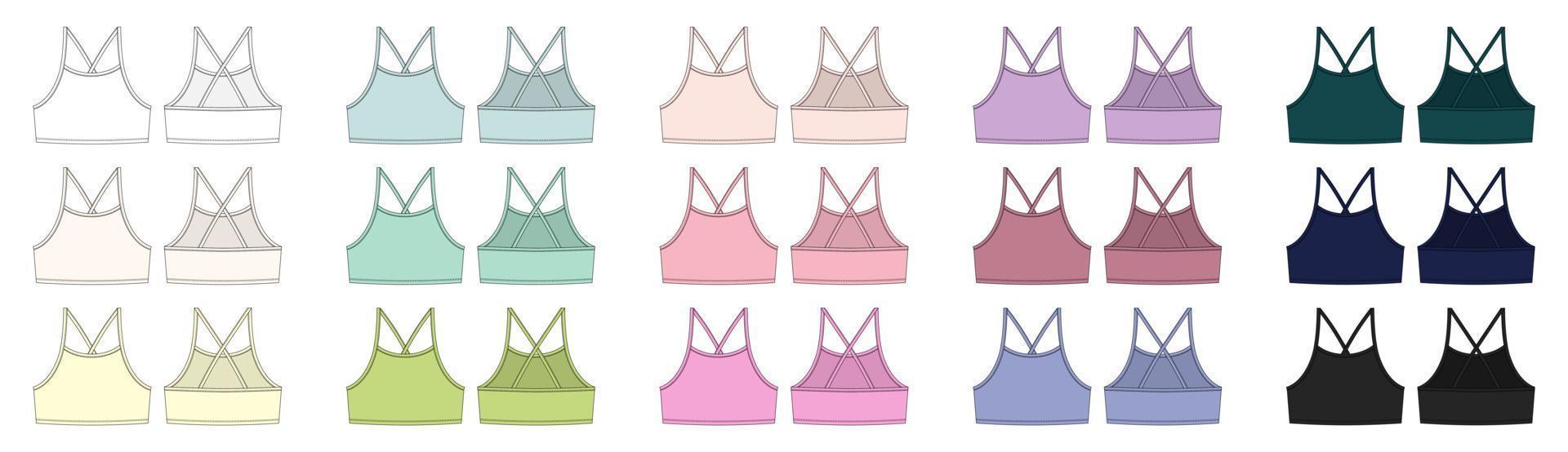 reeks van meisje bralette technisch schetsen. vrouwen top beha met riemen ondergoed ontwerp sjabloon verzameling vector