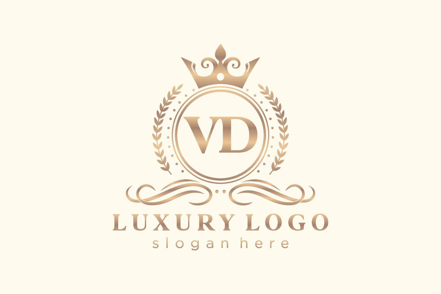 eerste vd brief Koninklijk luxe logo sjabloon in vector kunst voor restaurant, royalty, boetiek, cafe, hotel, heraldisch, sieraden, mode en andere vector illustratie.