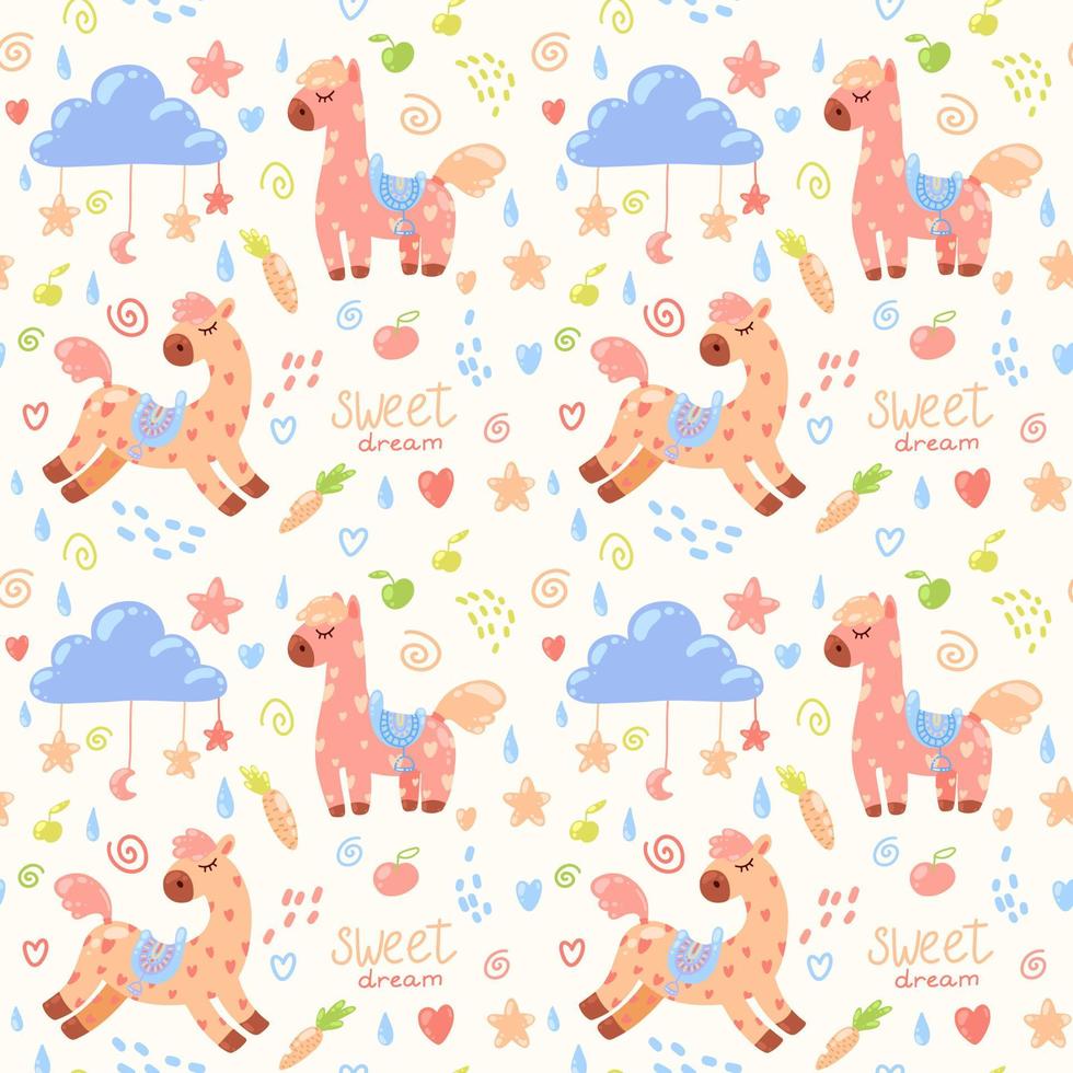 vector naadloos patroon met schattig roze paarden met rood harten omringd met wortels, sterren, harten, wolken, sterren en wervelt. mooi patroon voor kinderen kleding en spullen.
