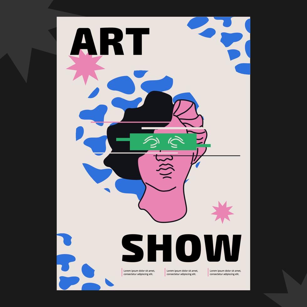 kunst poster voor een tentoonstelling, een creatief festival, show. hand getekend illustraties met een Grieks buste van de godin. abstract figuren Aan de achtergrond van aanplakbiljet. vector