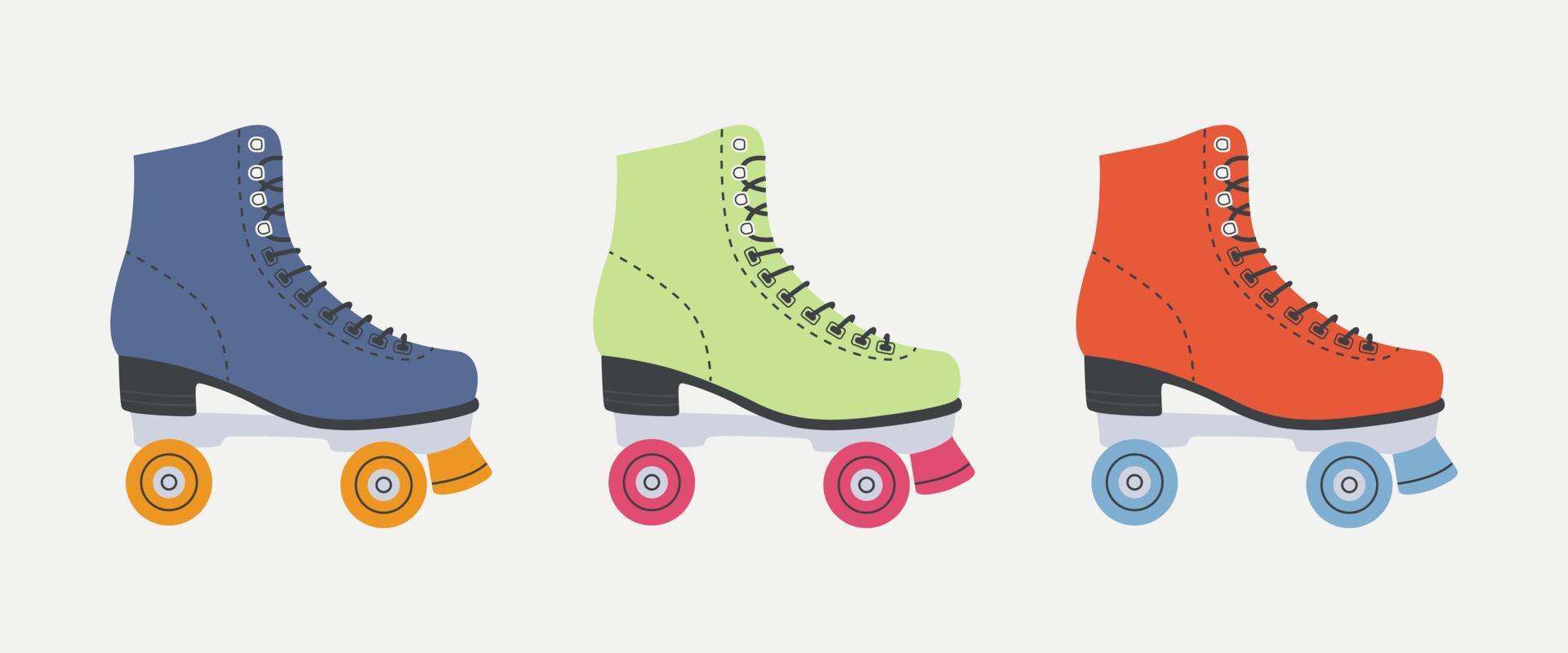 reeks van rol schaatsen, wijnoogst quad schaatsen. meisjes vervelend retro mode stijl van jaren 70 80s . sport en disco. schattig vector illustraties in modieus pastel kleuren. hand- getrokken grappig rolschaatsen.