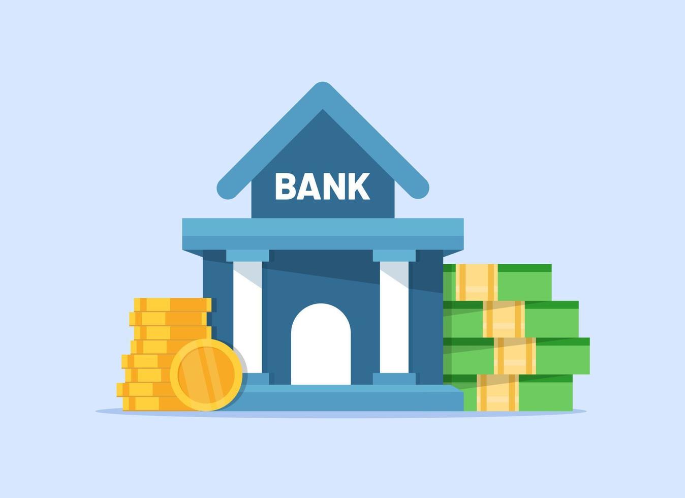 bank gebouw, bank financiering, geld aandelenbeurs, financieel Diensten, Geldautomaat, concept voor web pagina, plat ontwerp icoon vector illustratie