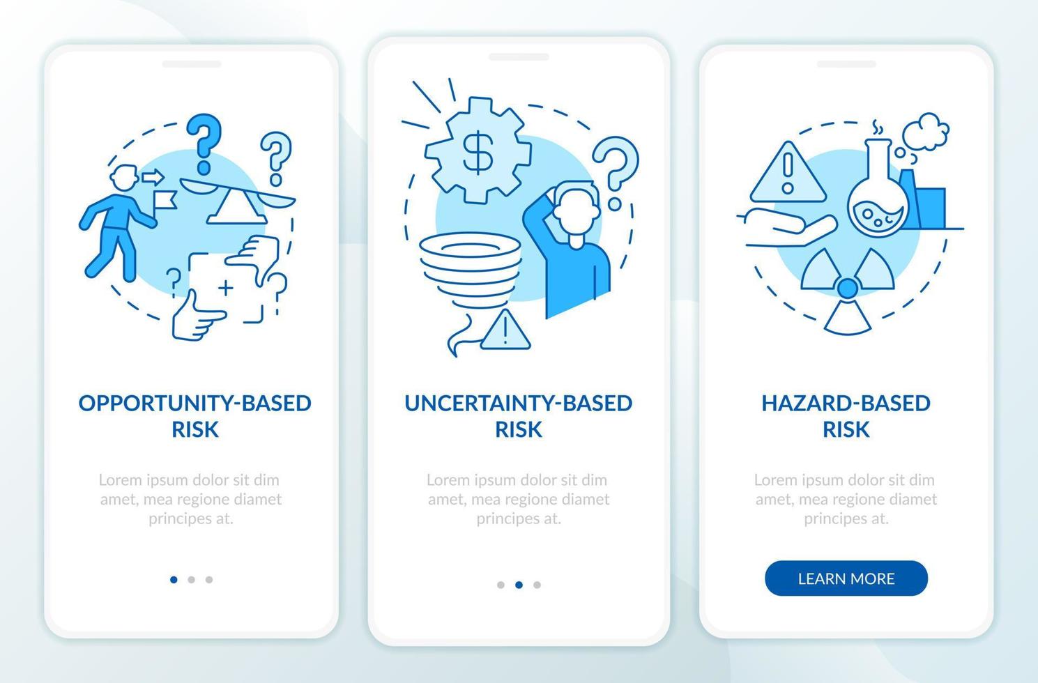 risico's types blauw onboarding mobiel app scherm. problemen analyseren walkthrough 3 stappen grafisch instructies Pagina's met lineair concepten. ui, ux, gui sjabloon. vector