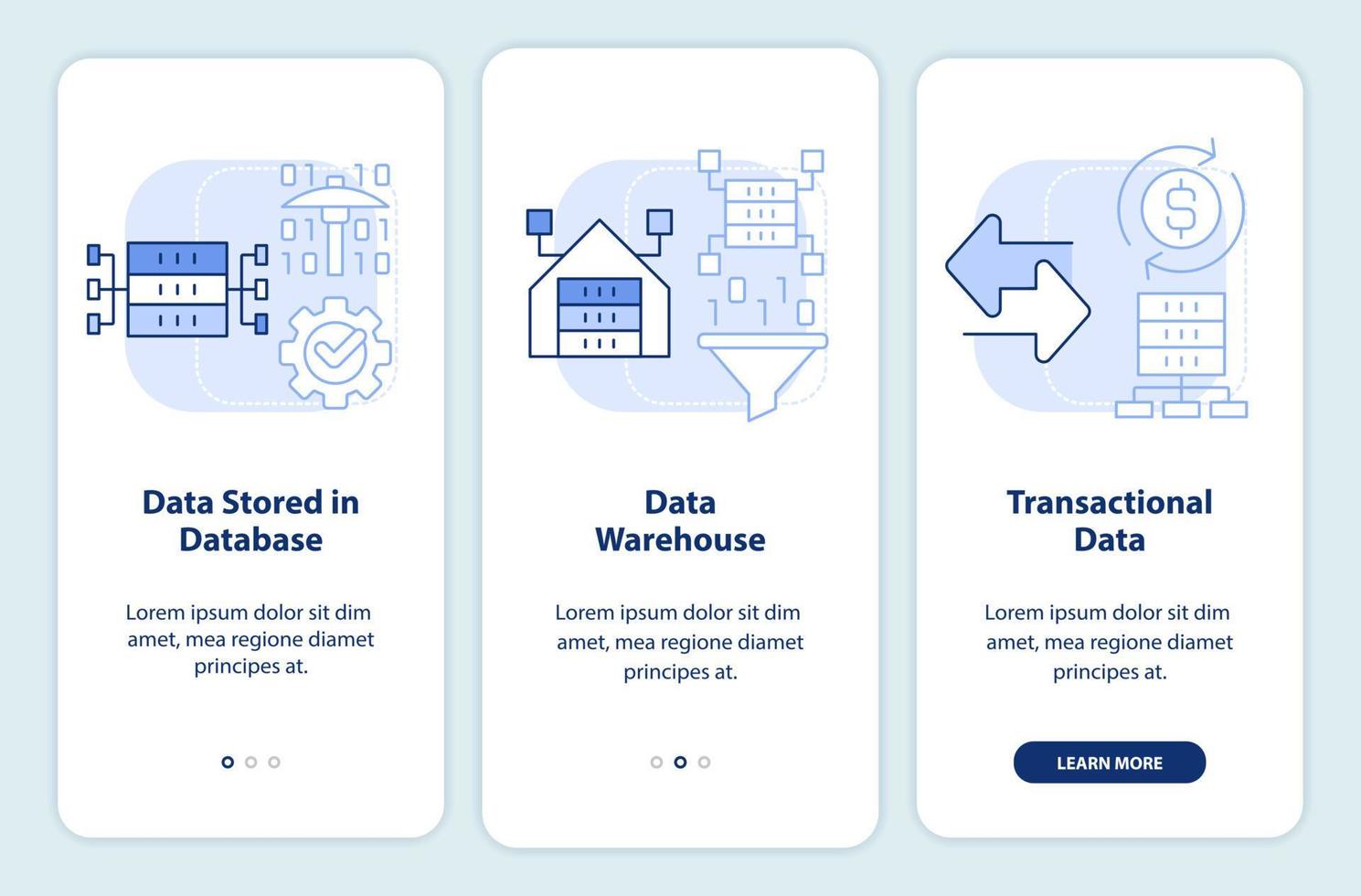 types van gegevens dat kan worden gedolven licht blauw onboarding mobiel app scherm. walkthrough 3 stappen grafisch instructies Pagina's met lineair concepten. ui, ux, gui sjabloon. vector