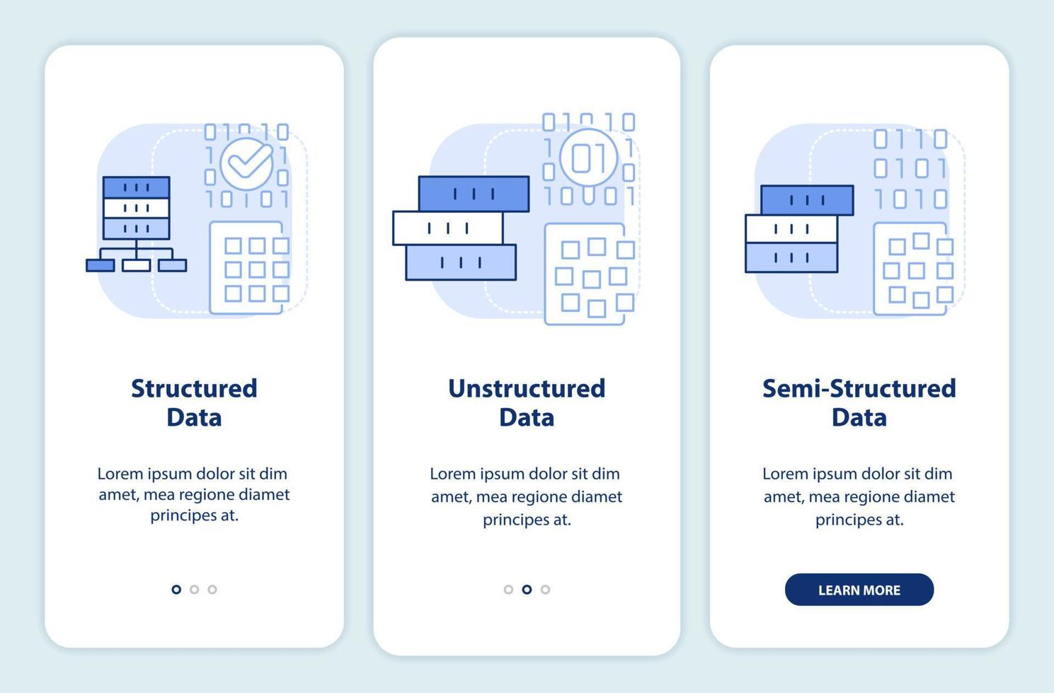 types van groot gegevens licht blauw onboarding mobiel app scherm. structuur walkthrough 3 stappen grafisch instructies Pagina's met lineair concepten. ui, ux, gui sjabloon. vector