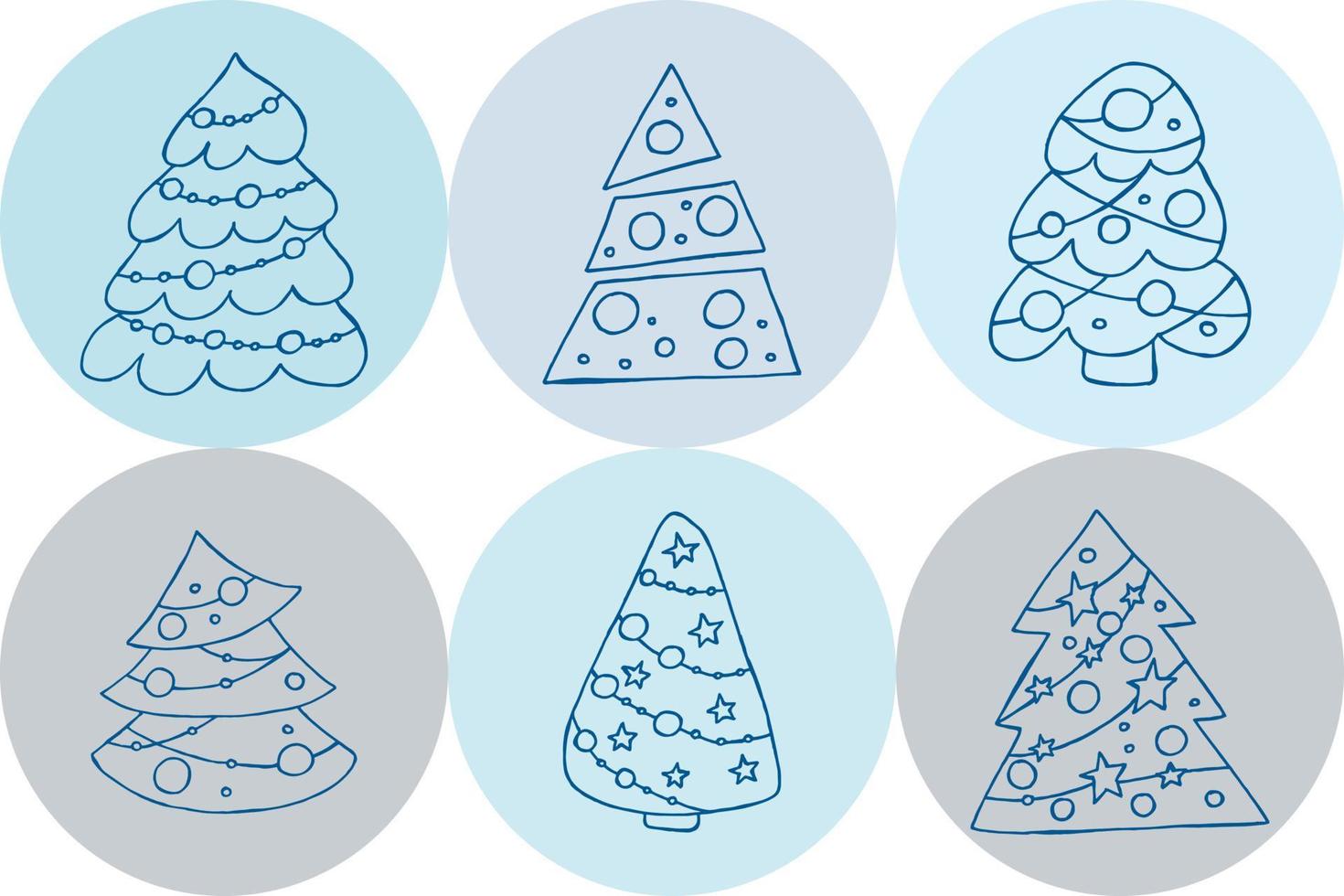 een set van handgetekende kerstbomen. vectorillustratie in doodle stijl. winterse stemming. hallo 2023. prettige kerstdagen en gelukkig nieuwjaar. blauwe elementen op een blauwe achtergrond. vector