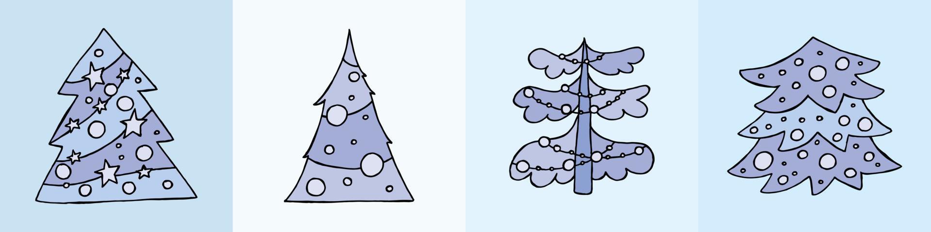 een handgetekende kerstboom. vectorillustratie in doodle stijl. winterse stemming. hallo 2023. prettige kerstdagen en gelukkig nieuwjaar. blauwe bomen met speelgoed op een blauwe achtergrond. vector