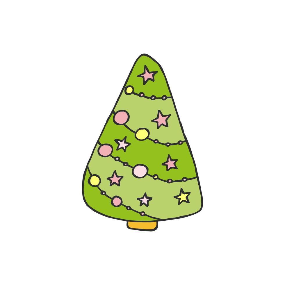 een handgetekende kerstboom. gekleurde vectorillustratie in doodle stijl. winterse stemming. hallo 2023. prettige kerstdagen en gelukkig nieuwjaar. groene boom met geel en roze speelgoed op een witte achtergrond. vector