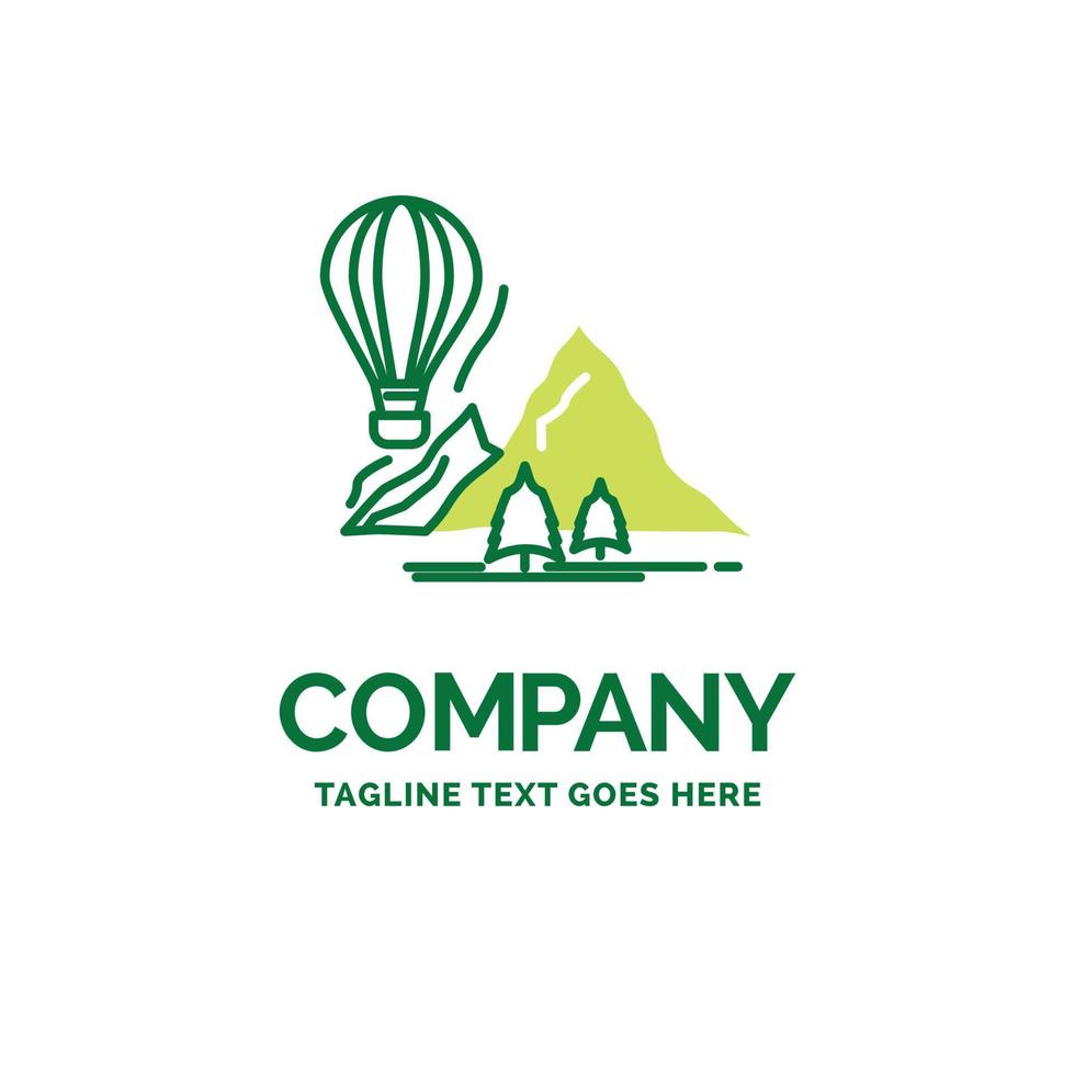 ontdekken. reizen. bergen. camping. ballonnen vlak bedrijf logo sjabloon. creatief groen merk naam ontwerp. vector