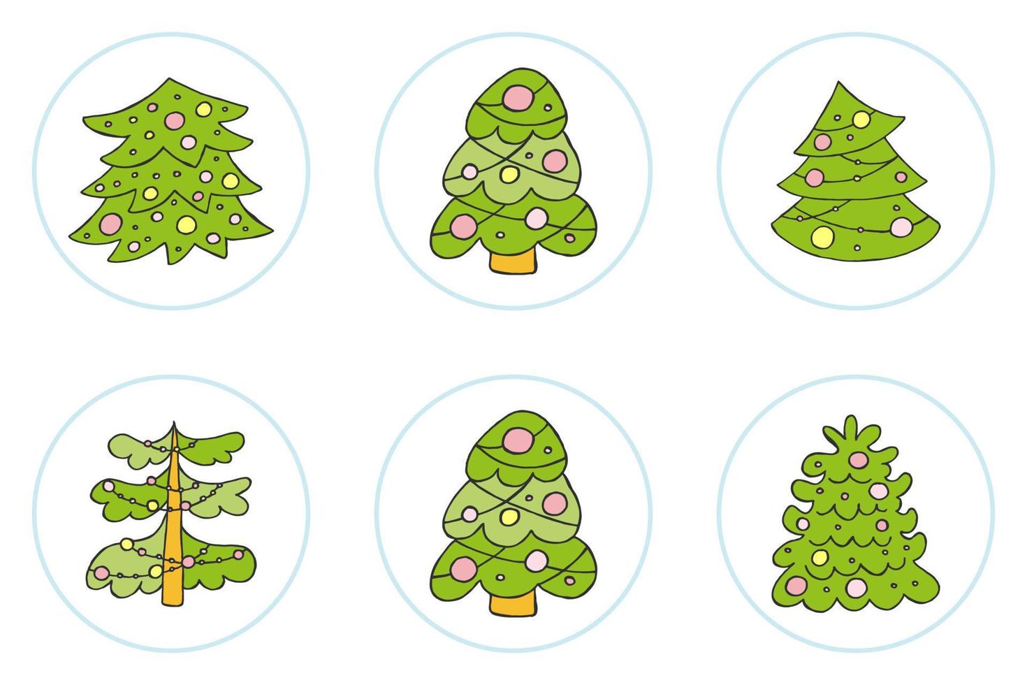 een handgetekende kerstboom. vectorillustratie in doodle stijl. winterse stemming. hallo 2023. prettige kerstdagen en gelukkig nieuwjaar. groene bomen met geel en roze speelgoed op een witte achtergrond. vector