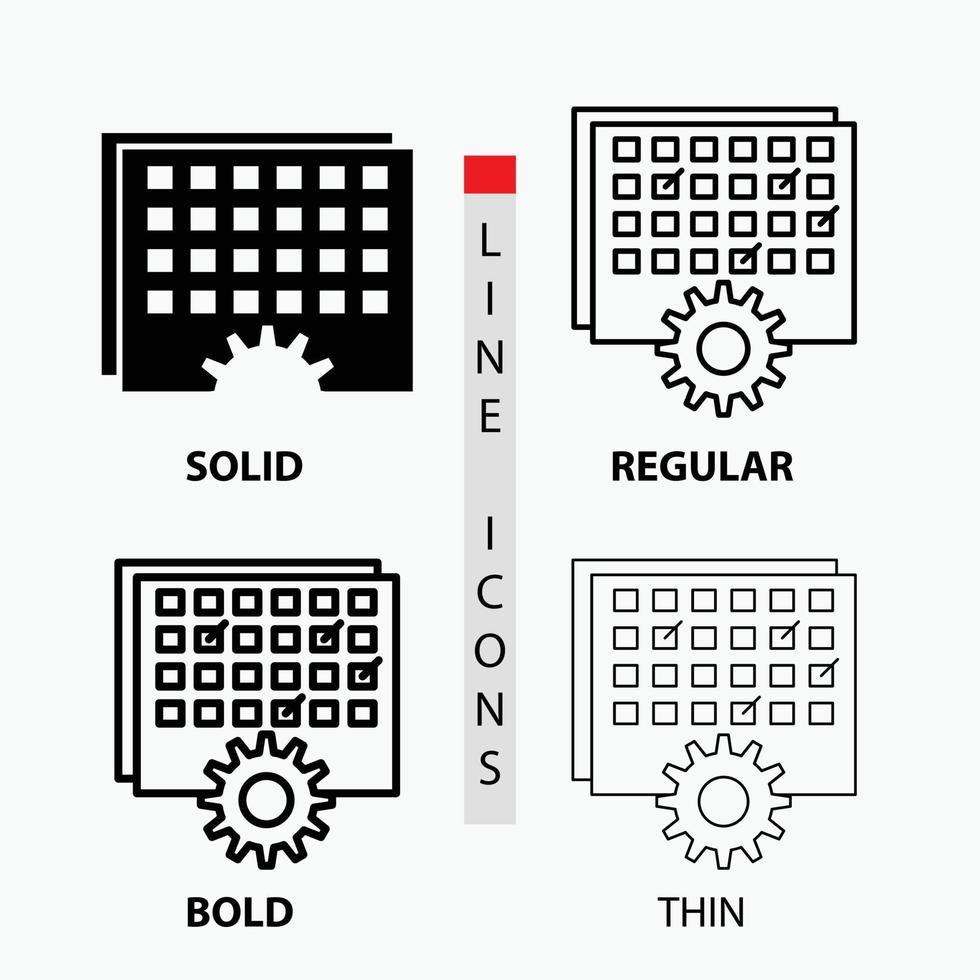 evenement. beheer. verwerken. schema. timing icoon in dun. normaal. stoutmoedig lijn en glyph stijl. vector illustratie