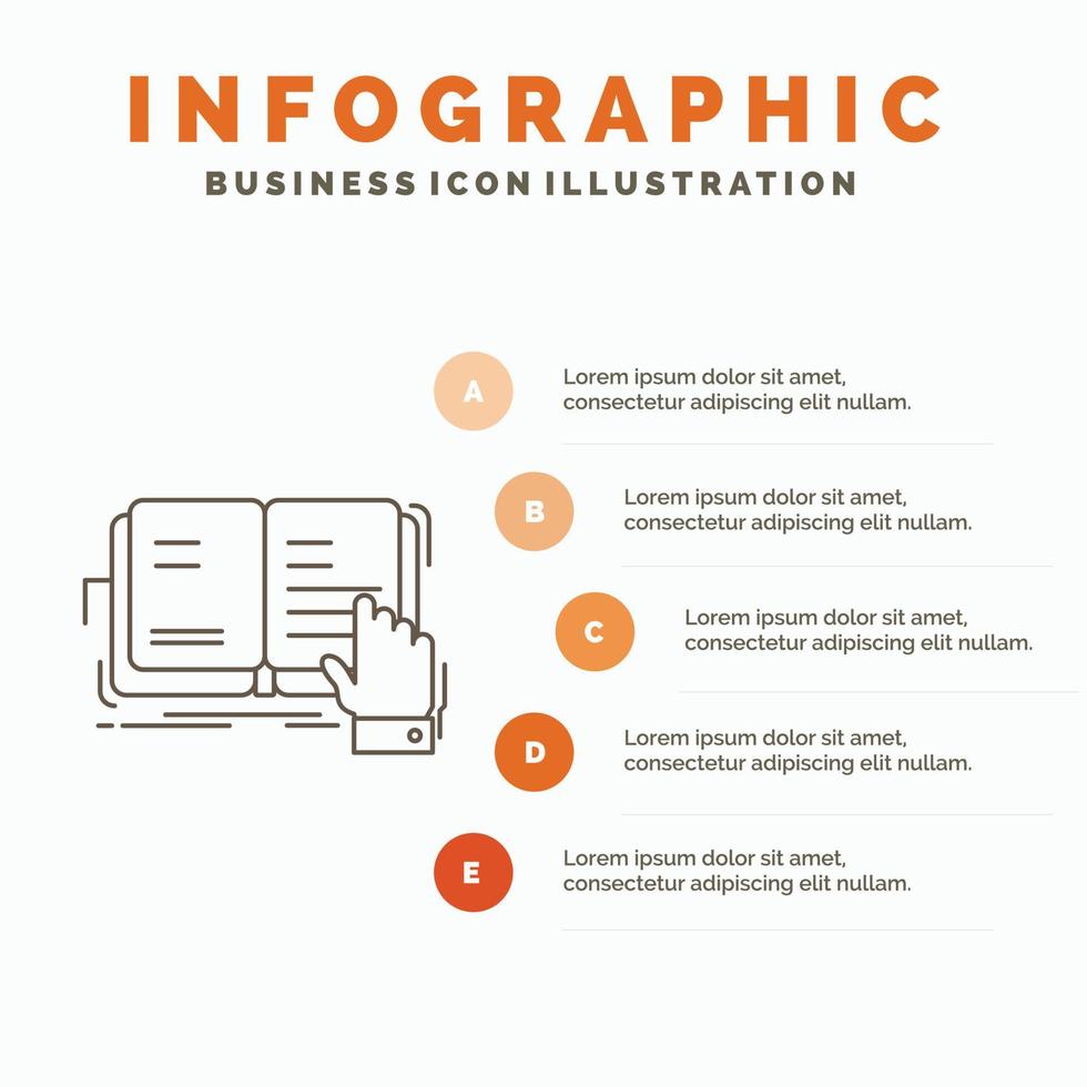 boek. les. studie. literatuur. lezing infographics sjabloon voor website en presentatie. lijn grijs icoon met oranje infographic stijl vector illustratie