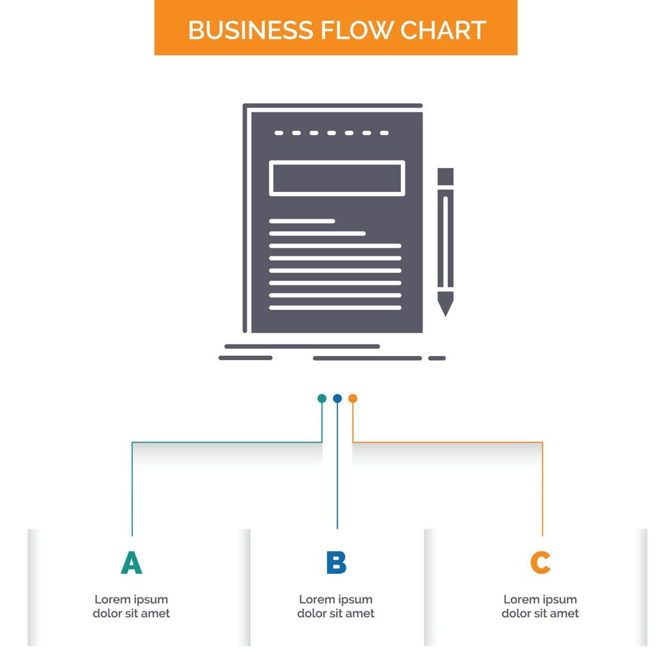 bedrijf. document. het dossier. papier. presentatie bedrijf stromen tabel ontwerp met 3 stappen. glyph icoon voor presentatie achtergrond sjabloon plaats voor tekst. vector