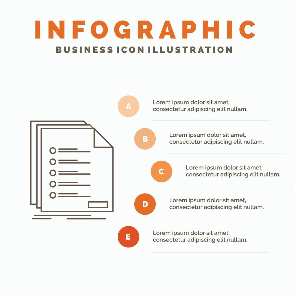 controleren. indienen. lijst. lijst. registratie infographics sjabloon voor website en presentatie. lijn grijs icoon met oranje infographic stijl vector illustratie