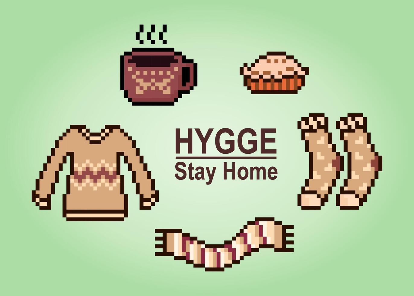 8-bits pixels de thema hygge. de gereedschap voor ontspannende in vector illustraties.