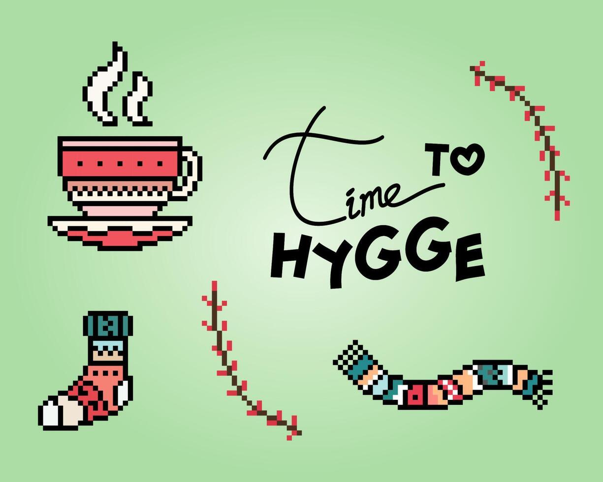 8-bits pixels de thema hygge. de gereedschap voor ontspannende in vector illustraties.