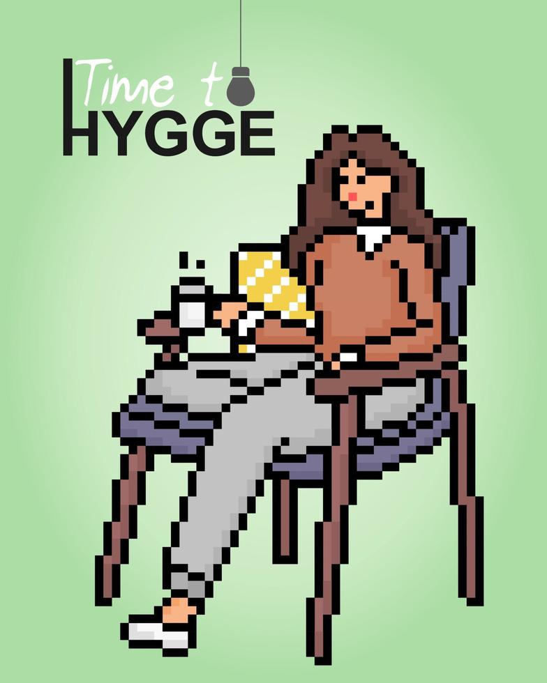 8-bits pixels de thema hygge. de tekenfilm van Dames zittend ontspannende en drinken koffie in vector illustraties.