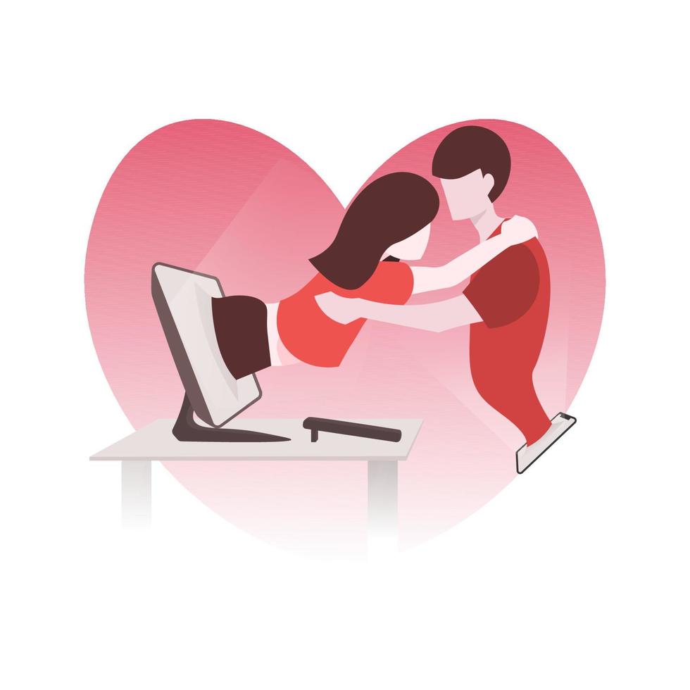 Mens en vrouw komen uit van mobiel apparaat scherm terwijl knuffelen elk ander. virtueel relatie, online daten, en sociaal netwerken concept vector