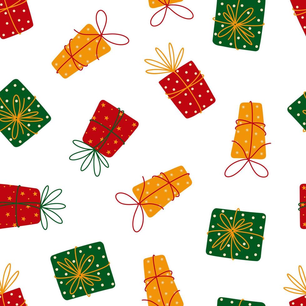verrassing geschenk dozen naadloos vector patroon. Cadeau voor kerstmis, verjaardag, vakantie. gouden, rood en groen containers gebonden met een lintje. vlak tekenfilm achtergrond. illustratie voor stoffen, prints