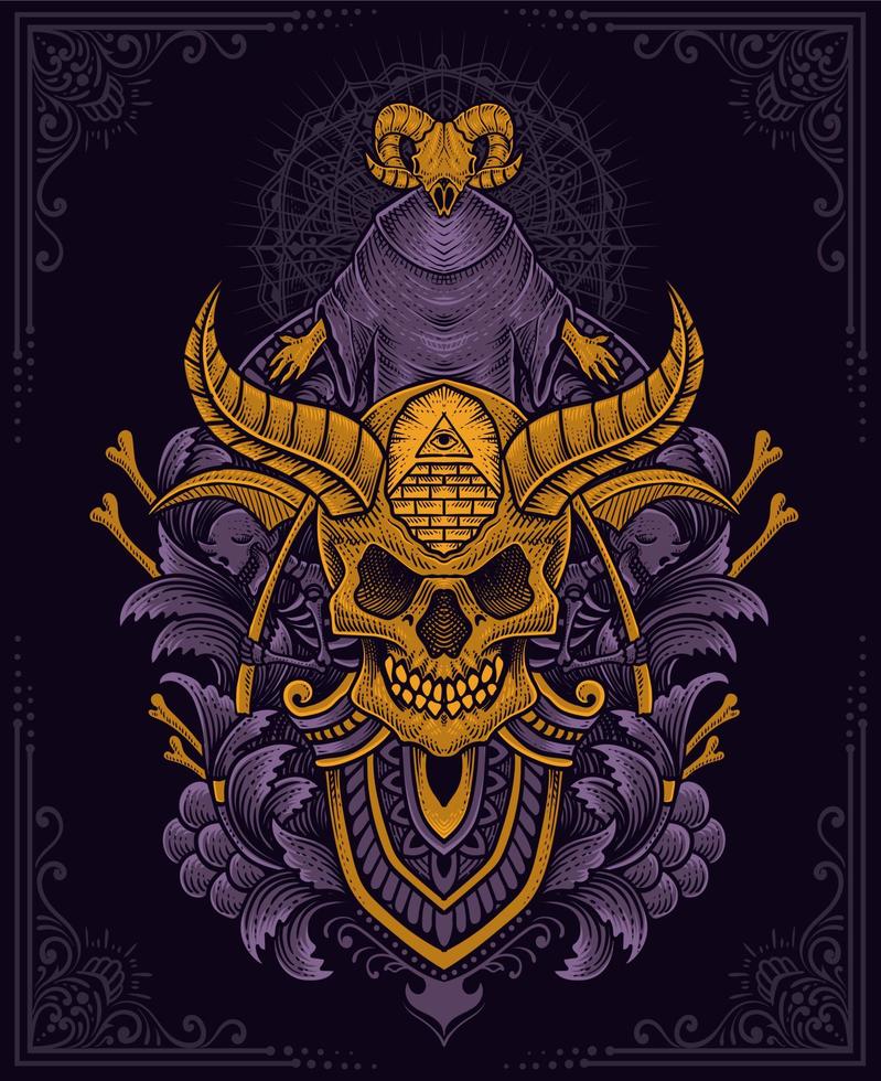 illustratie demon schedel met antiek gravure stijl perfect voor t shirt, capuchon, jasje, poster vector