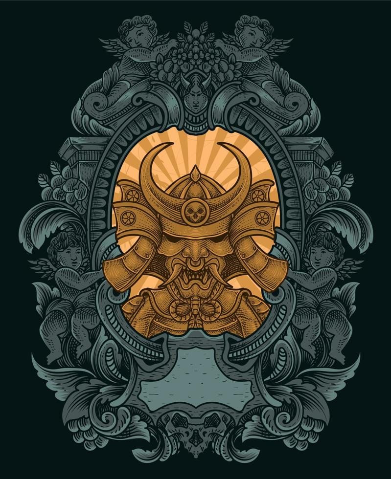 illustratie geïsoleerd samurai krijgers met gravure ornament vector