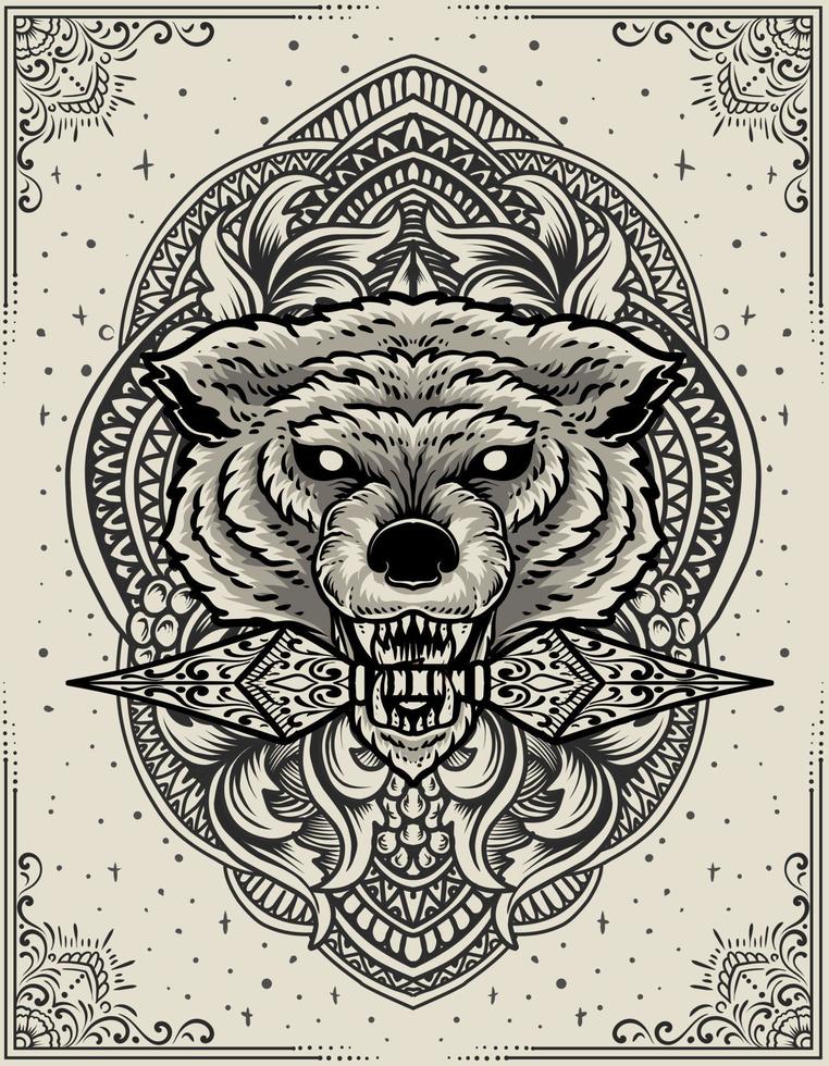 illustratie wolf hoofd met gravure ornament vector