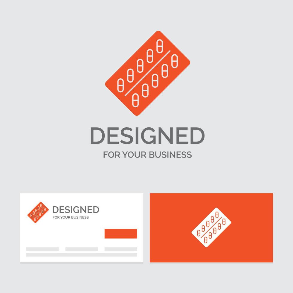 bedrijf logo sjabloon voor geneesmiddel. pil. drugs. tablet. pakket. oranje bezoekende kaarten met merk logo sjabloon. vector