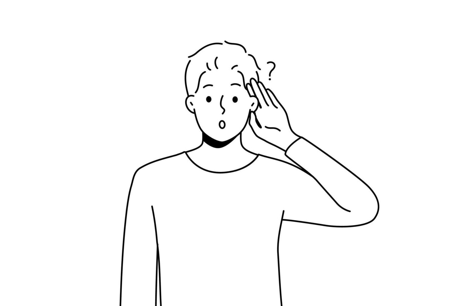 jong Mens maken hand- gebaar luisteren naar nieuws Aan informatie. verward mannetje zich afvragen over roddel of van horen zeggen. vector illustratie.