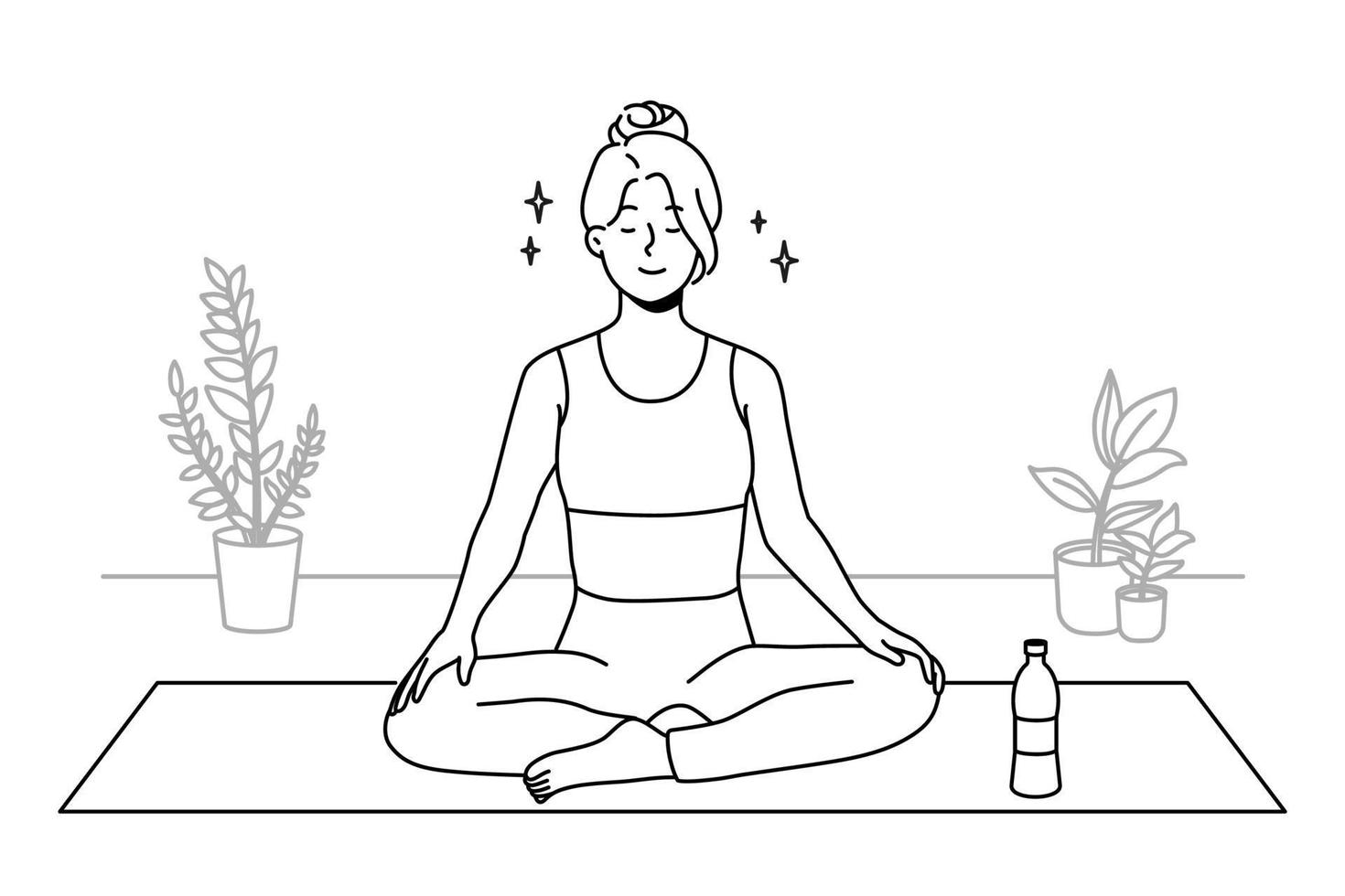 kalmte jong vrouw in sportkleding zittend Aan mat beoefenen yoga Bij huis. glimlachen ontspannen meisje mediteren binnenshuis. meditatie en spanning Verlichting. vector illustratie.