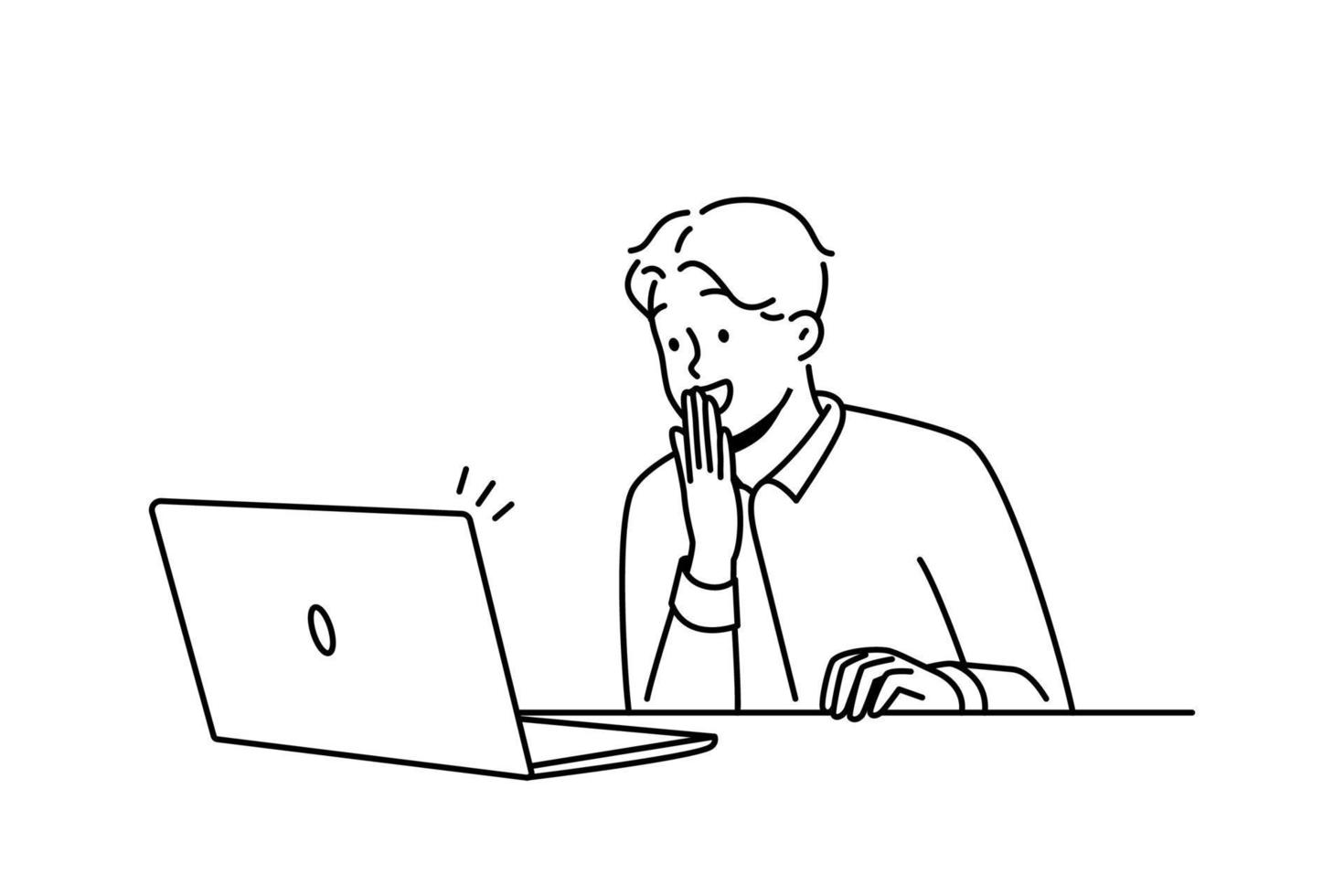 gelukkig mannetje werknemer kijken Bij laptop scherm opgewonden met mooi zo nieuws online. glimlachen zakenman geschokt door aangenaam bericht Aan computer. vector illustratie.