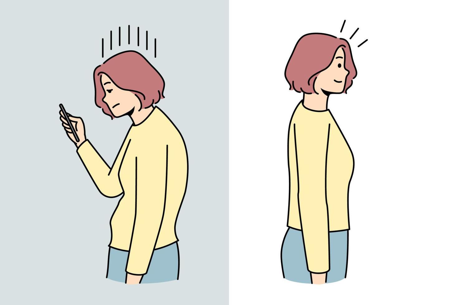 vrouw met smartphone slecht houding vergeleken met mooi zo houding. terug problemen. gezondheidszorg en geneesmiddel. vector illustratie.