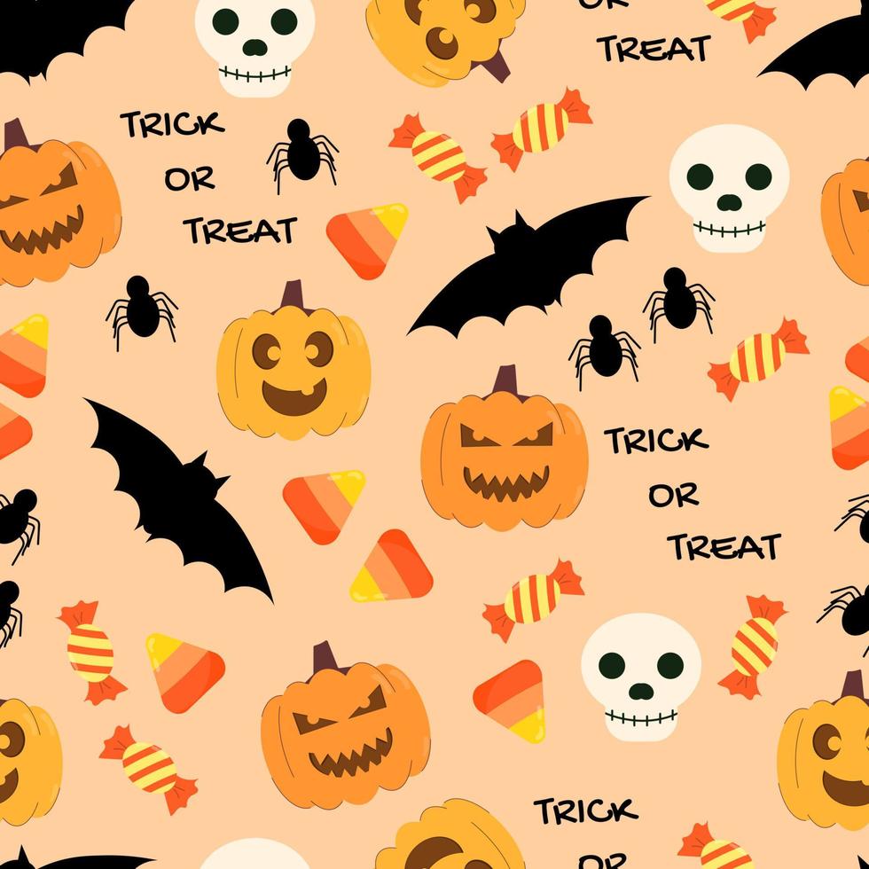schattig halloween naadloos patroon voor spookachtig oktober en truc of traktatie thema met jack O lantaarns, snoepjes, vleermuizen, spinnen, en schedels. patroon Aan oranje achtergrond. vector