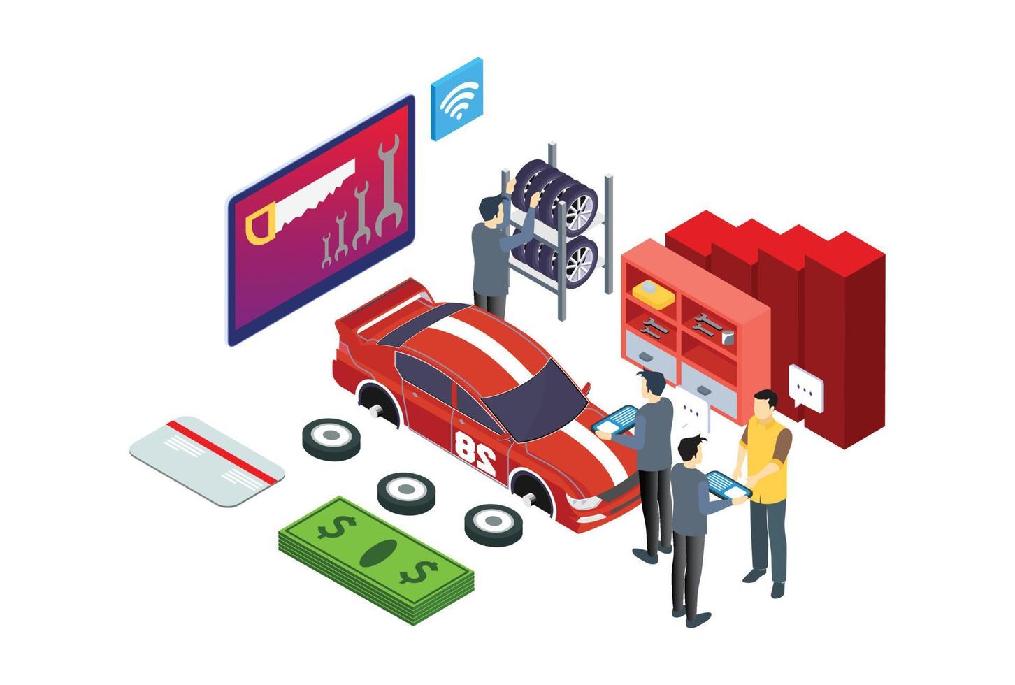 modern isometrische slim online auto werkplaats systeem technologie illustratie in wit geïsoleerd achtergrond met mensen en digitaal verwant Bedrijfsmiddel vector