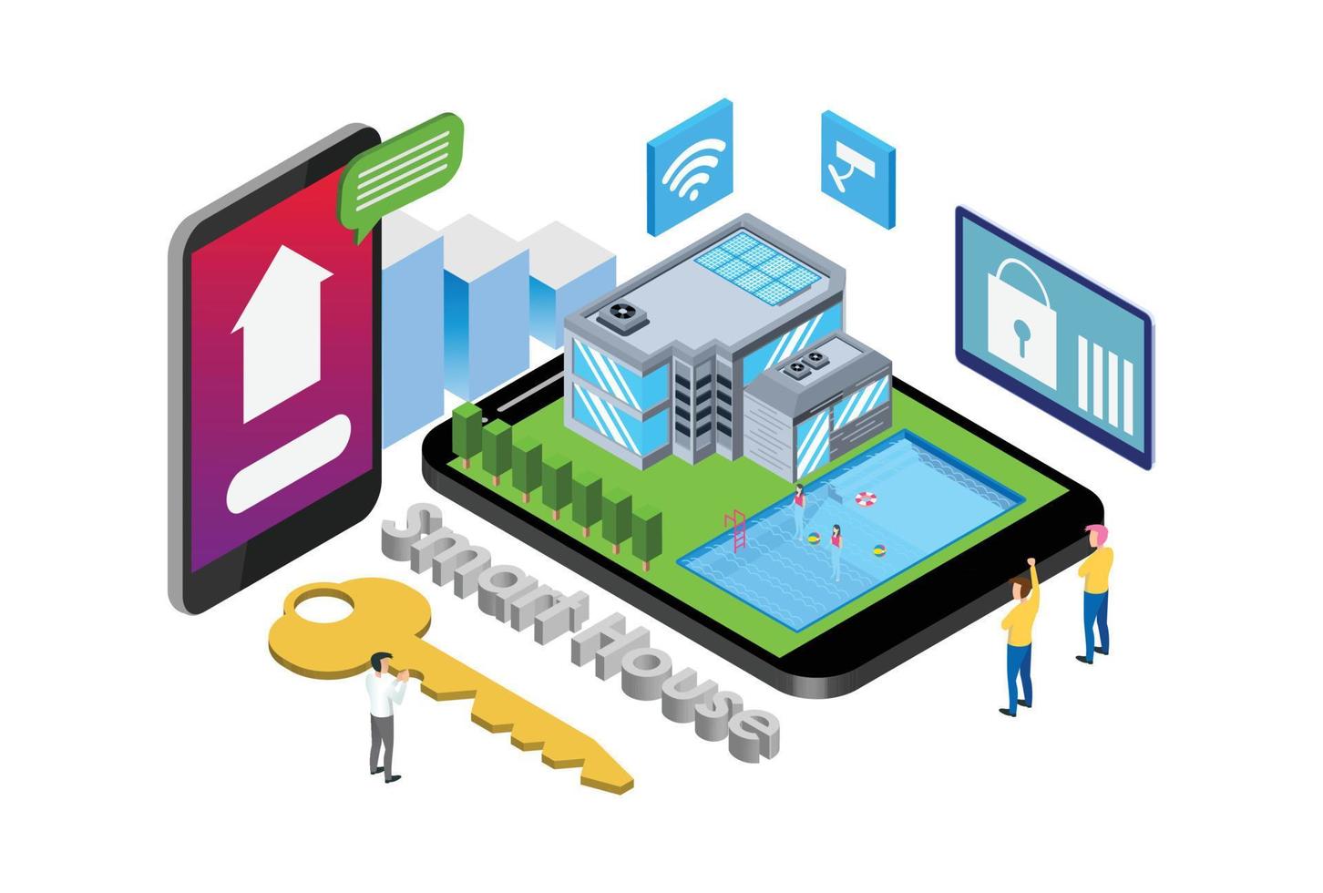 modern isometrische slim huis internet van dingen integratie technologie illustratie in wit geïsoleerd achtergrond met mensen en digitaal verwant Bedrijfsmiddel vector