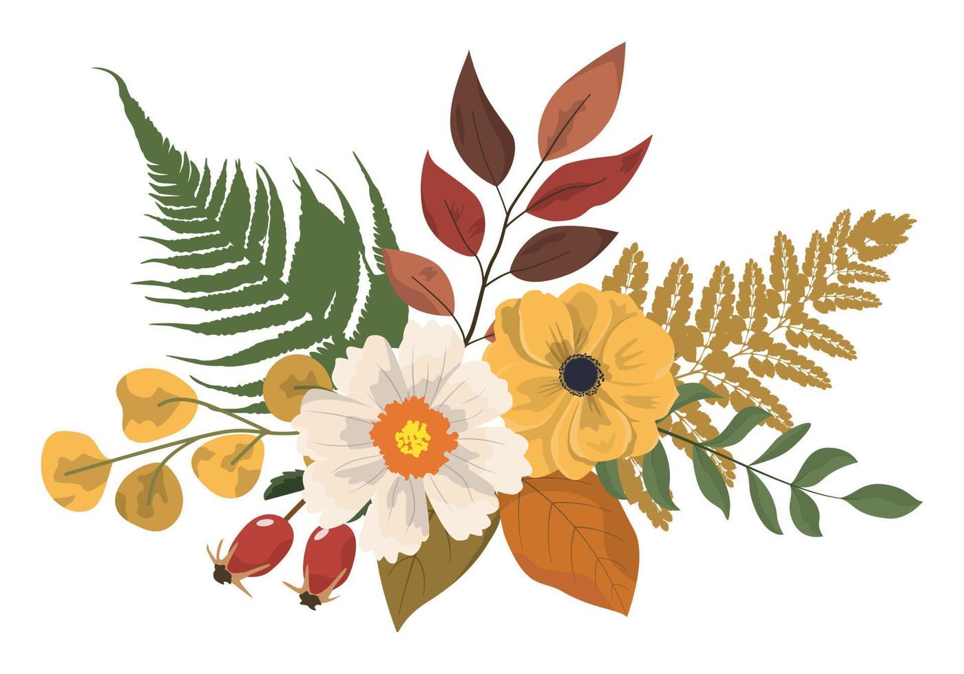 herfst kleurrijk bloemen boeket in rustiek stijl met Woud bladeren en varens vector