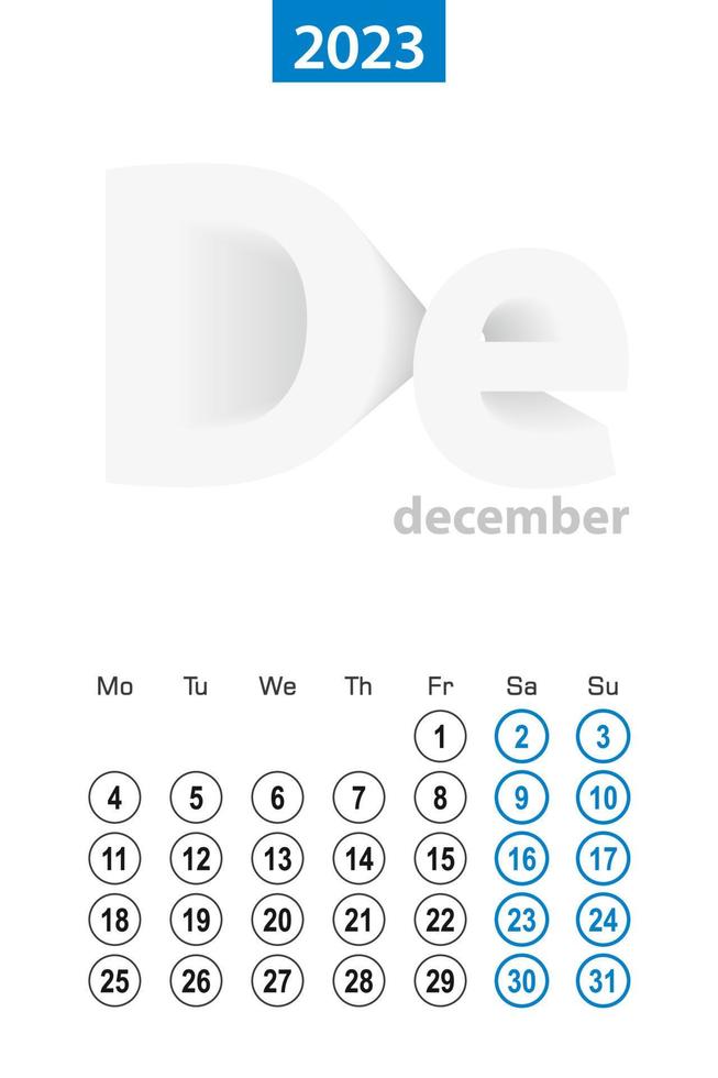 kalender voor december 2023, blauw cirkel ontwerp. Engels taal, week begint Aan maandag. vector